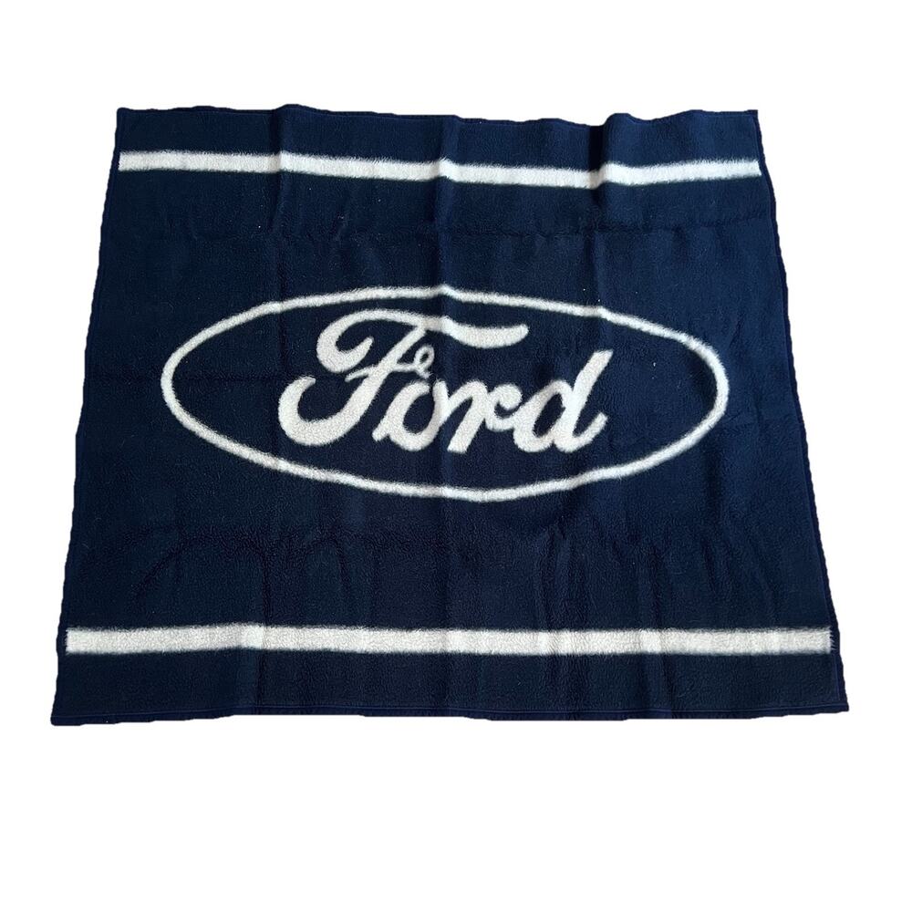 Vintage Ford Emblem Blanket Throw Blanket 48 x 53” Navy Blue White Double Sided